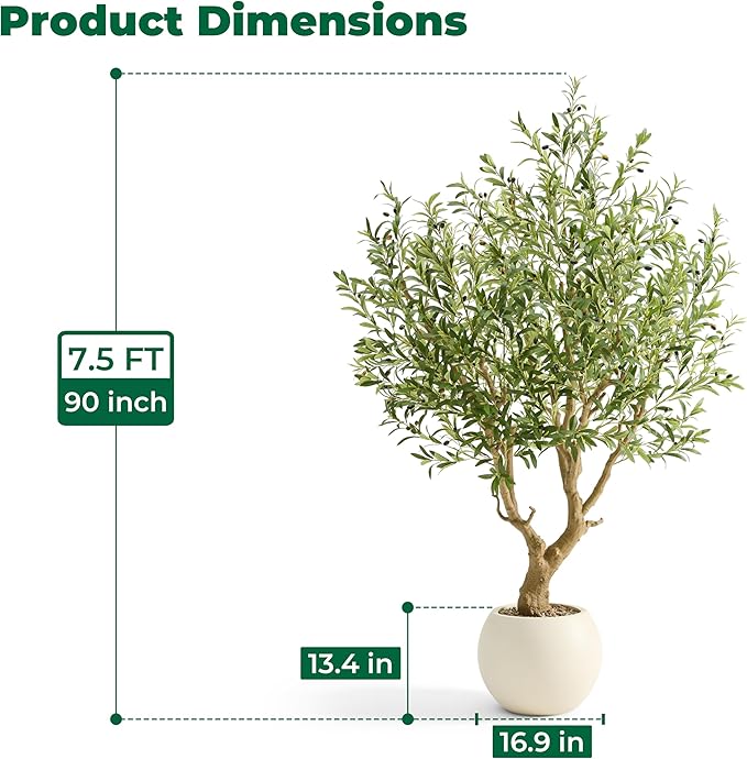 7.5 FT Large Luxury Artificial Olive Tree, Tall Faux Olive Tree with White Pot, Extra Lush Stereoscopic Shape, 5 Minutes Easy Set-up, Realistic Trunks and Lifelike Leaves & Fruits, Home Office Décor
