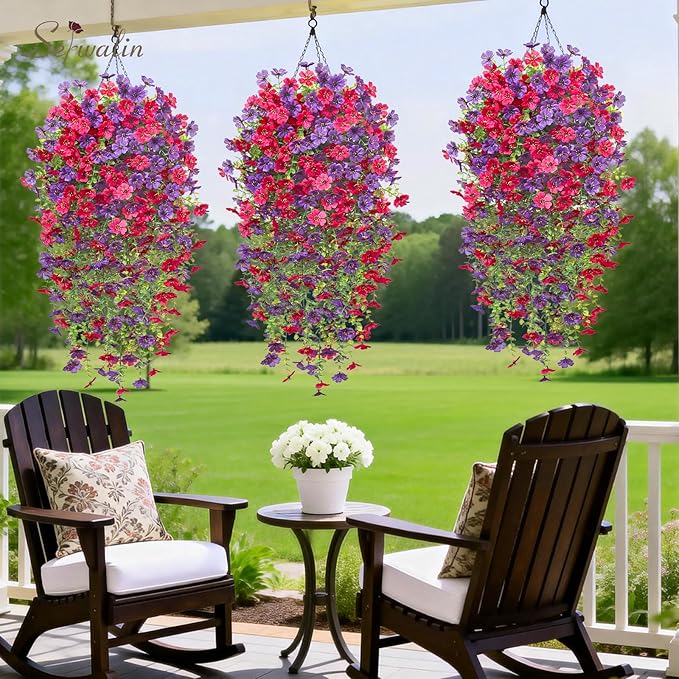 Serwalin 6PCS Artificial Fall Flowers for Outdoors Decoration, Realistic Silk Artificial Fall Hanging Flowers for Patio, Garden, Porch, Window, Outside (Purple& Hot Pink,6PCS)