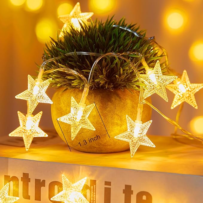 Minetom Star String Lights Battery Operated - 17 ft 50 LED Star Fairy String Lights with Timer, Waterproof for Indoor Bedroom Tent Loft Bed Patio Party Wedding Ramadan Decorations, Warm White