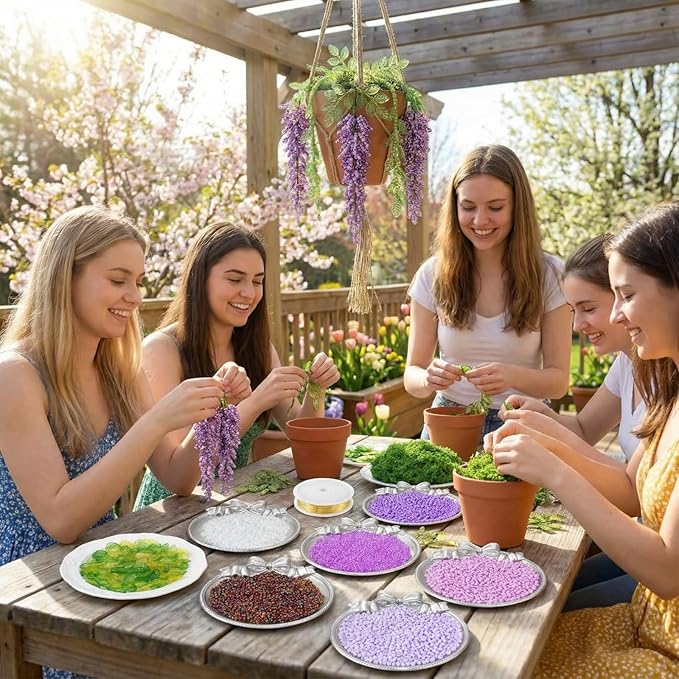 Potchen 13155 Pcs DIY Wisteria Beaded and 5 Inch Clay Pot Planter Set, Glass Beads Plant Making Kit with Artificial Moss Hanging Rope Purple Nature Series Colorful Crystal Leaf Jewelry for Craft