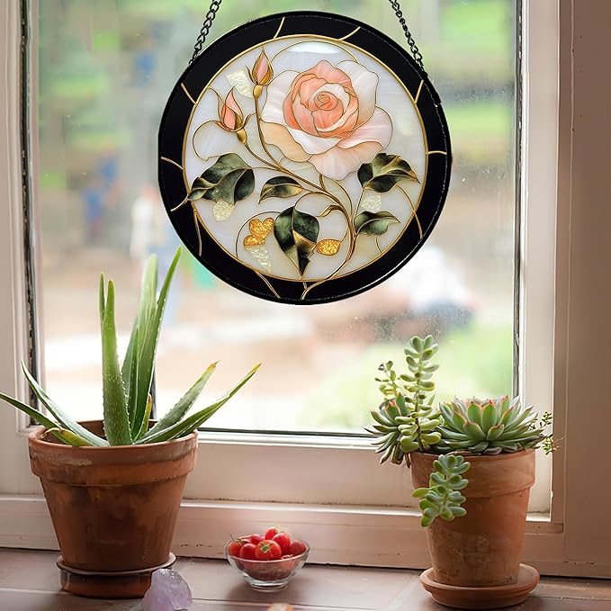 AMDERVEN Stained Glass Window Hanging - Black White Pink Rose Sun Catcher for Door Home Decor Flower Suncatcher Christmas Mother's Day Birthday Gifts for Women Men Lovers Mom Nana 6.3 in