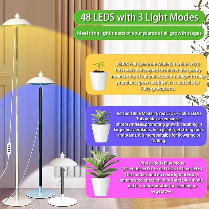 Quplavo LED Floor Grow Lights for Indoor Plants, Corner Stand Full Spectrum Plant Growing Lamp, 10 Dimmable Levels Auto 3/6/9/12H Timer Grow Light, Height Adjustable for Large Tall Plants