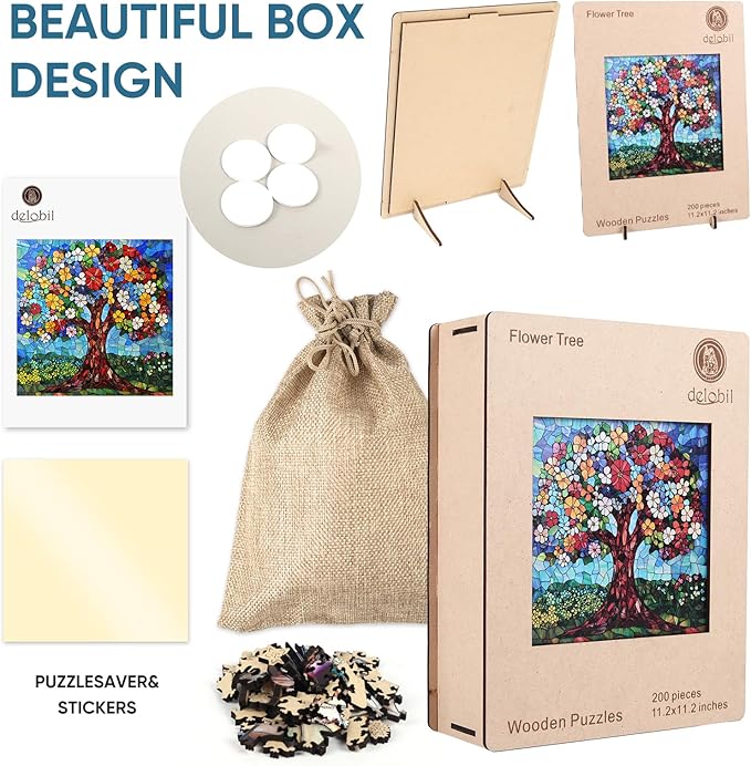Delobil Puzzles for Adults 500 Pieces, Flower Tree Jigsaw Puzzles, Unique Shaped Stained Glass Wooden Puzzles for Adults and Kids, Plant Art Birthday Gifts Family Game, 15.9 x 15.9 Inches