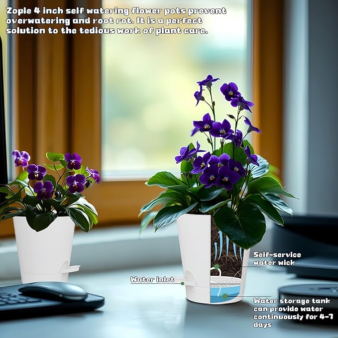 zople 12 Pack 4 Inch Self Watering Plant Pots with Drainage and Saucers，Plastic Flower Pots for Indoor and Outdoor Plants, Nursery Planters for Houseplants and Herbs White, 4 inch 12pcs