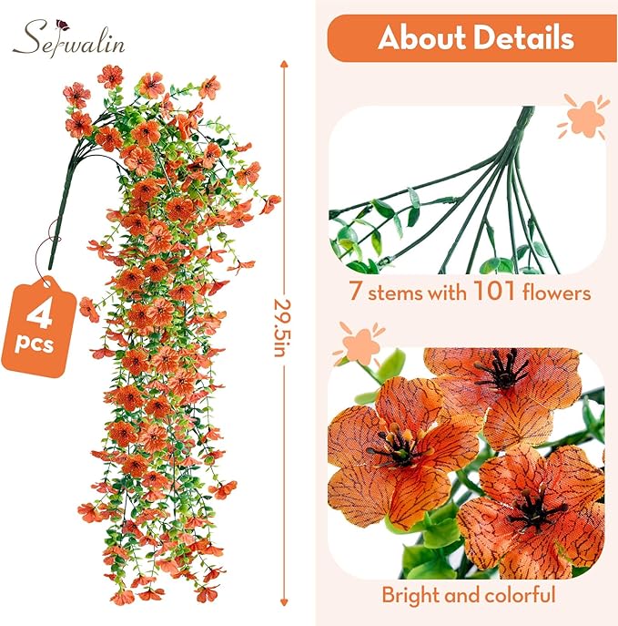 Serwalin 4PCS Artificial Fall Flowers for Outdoors Decoration, Realistic Silk Artificial Fall Hanging Flowers for Patio, Garden, Porch, Window, Outside (Orange,4PCS)
