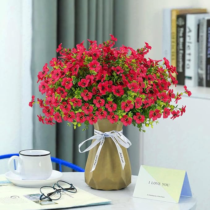 12 Bundles Artificial Flowers for Outdoors UV Resistant, Realistic Fake Silk Flowers Outside Fade-Proof Faux Plants for Outdoor Planters Window Box Front Porch-Red
