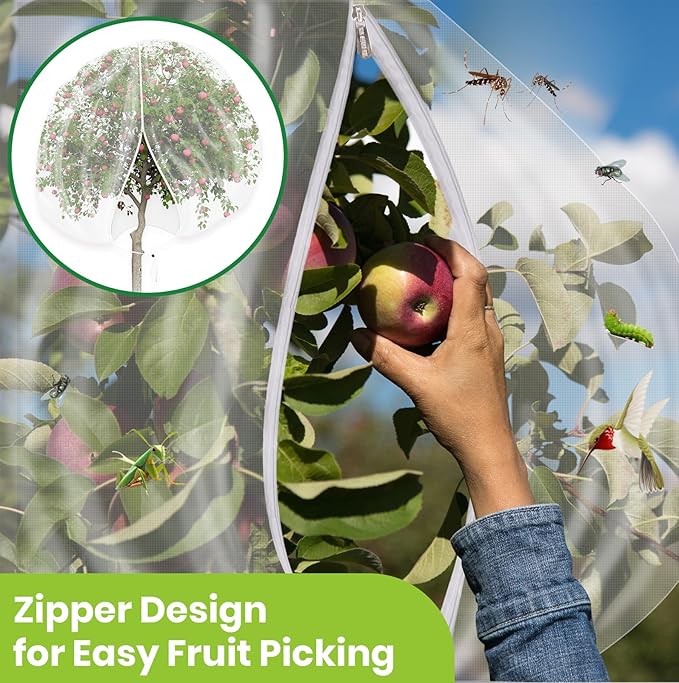2Pcs Large 10x10FT Fruit Tree Netting with Zipper, Drawstring - Mesh Bags Covers for Garden Protection - Insect Bird Tree Nets for Fruit Trees, Blueberry Bushes, Flower and More