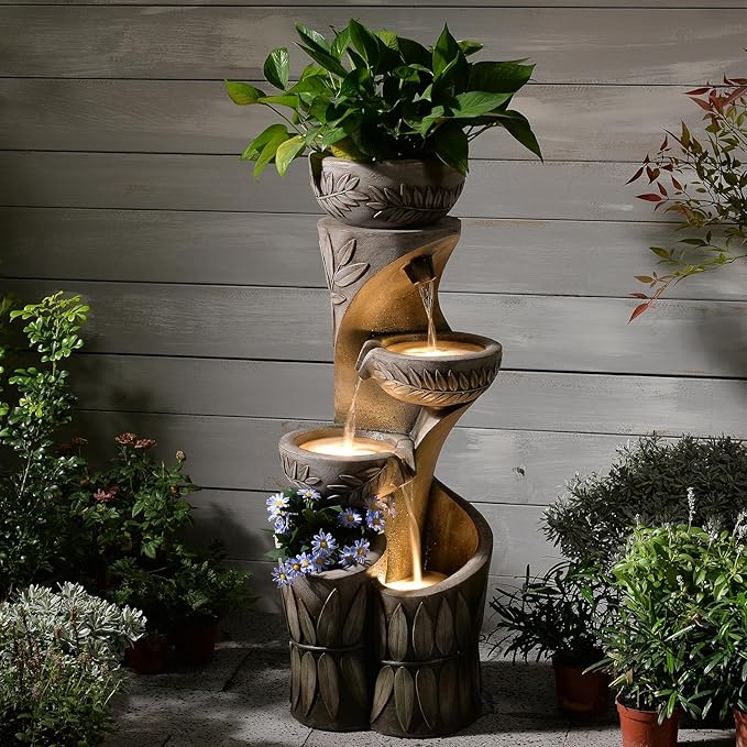 35.6" H Outdoor Water Fountain - Relief Leaf Design 4 Tiers Modern Cascading Bowls and Garden Fountains with Lights for Patio, Deck, Porch, Lawns, Backyard and Home Art Decor