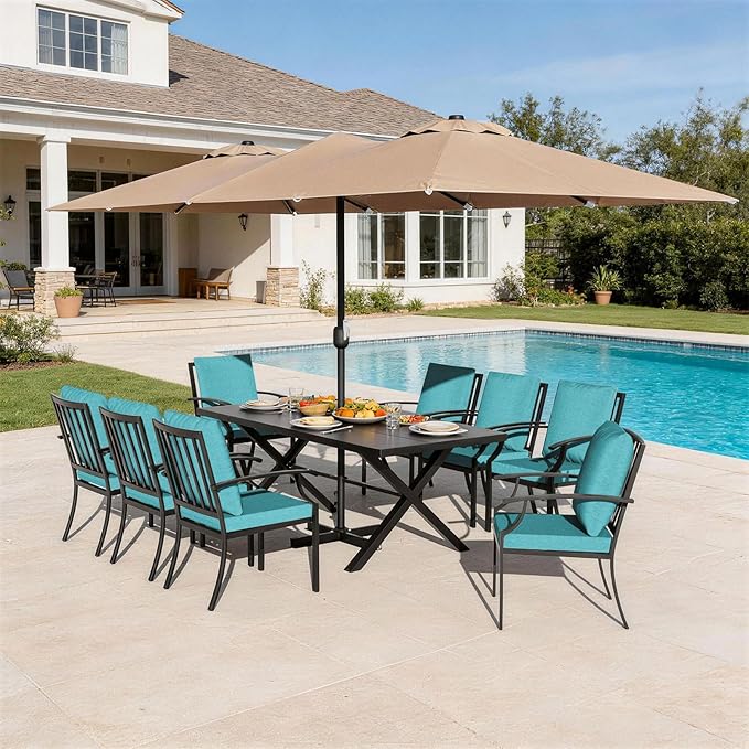 10-Piece Patio Dining Set,Metal Outdoor Furniture Set Includes 13.6FT Sand Umbrella,Hole Cut-Out 78.7" x 35.4" Table and 8 Metal Backrest Chairs for Backyard,Garden,Blue