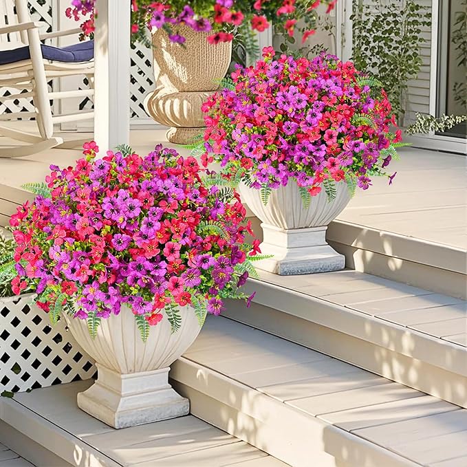 Pinenoya Artificial Faux Plants Flowers Outdoor Decoration,16 Bundles Fake Silk Colorful Daisy Eucalyptus Realistic UV Resistant for Outside Home Planter Porch Patio Yard Decor (Purple Red)