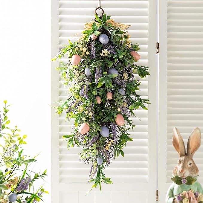 Glitzhome Easter Teardrop Wreath 28" Spring Easter Egg & Lavender Wreath Artificial Teardrop Swag for Front Door Porch Wall Decor