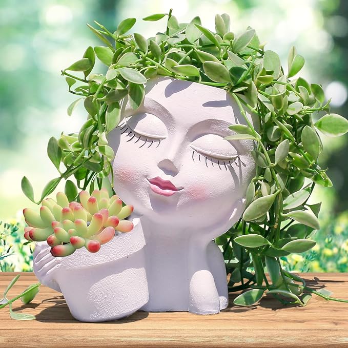 vomiceak Face Planter Pots Head, Planters for Indoor Plants - Double Cute Plant Pots for Flower & Succulent with Drainage Holes - Ideal Present Ideas (White Lady)