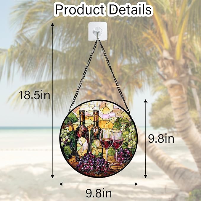 Stained Glass Window Hanging, Grapes and Wine Suncatcher Diamond Glass Panel Hangings Sun Catchers Decor for Birthday for Women, Men, Wife, Aunt, and Mom 9.8 in