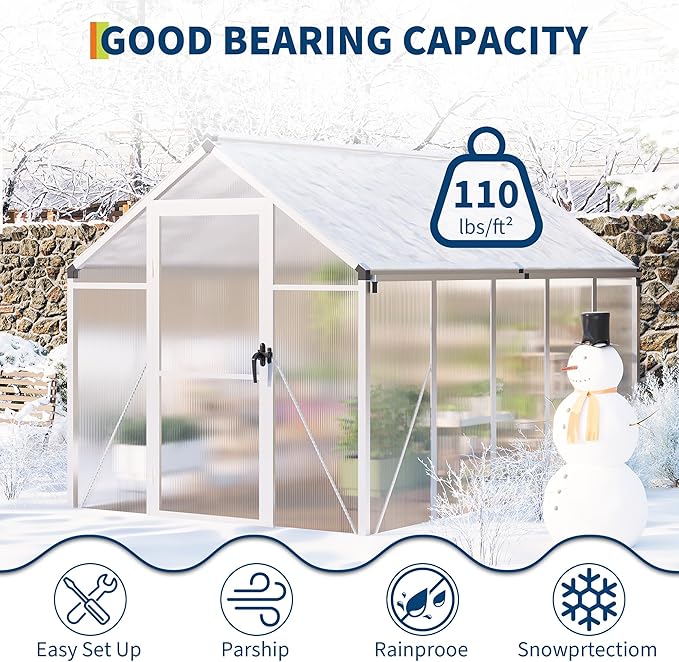 6 x 10 ft Greenhouse, Greenhouses for Outside, Polycarbonate Greenhouse with Aluminum Frame, Lockable Door and Ajustable Roof Vent for Backyard, Green Houses for Outside Garden Backyard, Patio