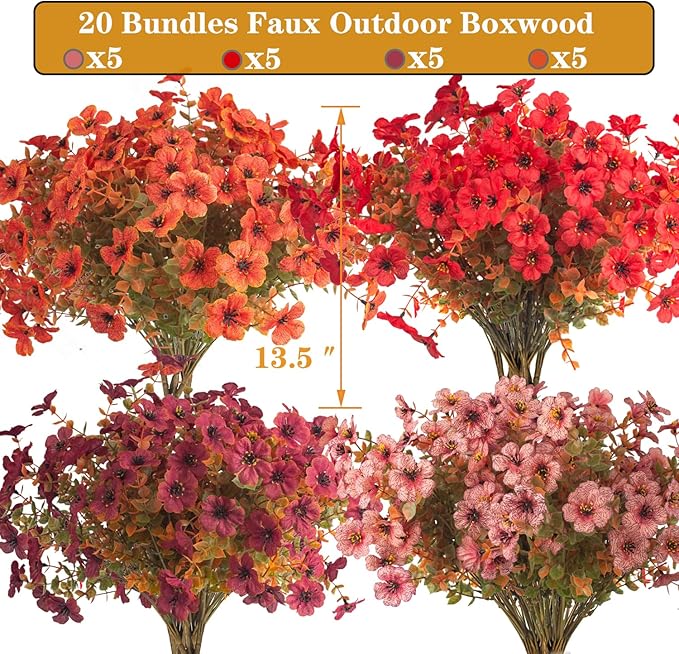 Grunyia 20 Bundles UV Resistant Artificial Fall Flowers - Fake Autumn Plants for Autumn Indoor Outdoor Garden Patio Fireplace Window Box Kitchen Home Decor (Fall Orange Mix)