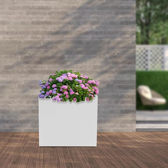 16~32inch Steel Planter Square Outdoor Planters Box Indoor Metal Large Planters Cube, Heavy Duty Flower Pot Modern for Commercial Residential Home Garden Porch Hotel Patio (White, 20×20×20in)