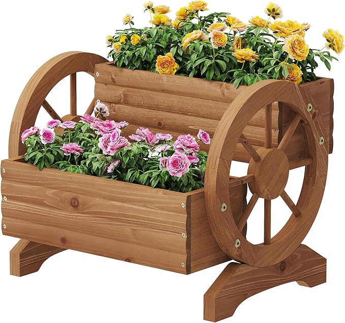 FILWH Wooden Wagon Planter Box for Indoor Outdoor Garden Planter Wood Planter Boxes Flower Planters Outdoor with Wheels Planter for Flowers Herbs Vegetables(Brown)