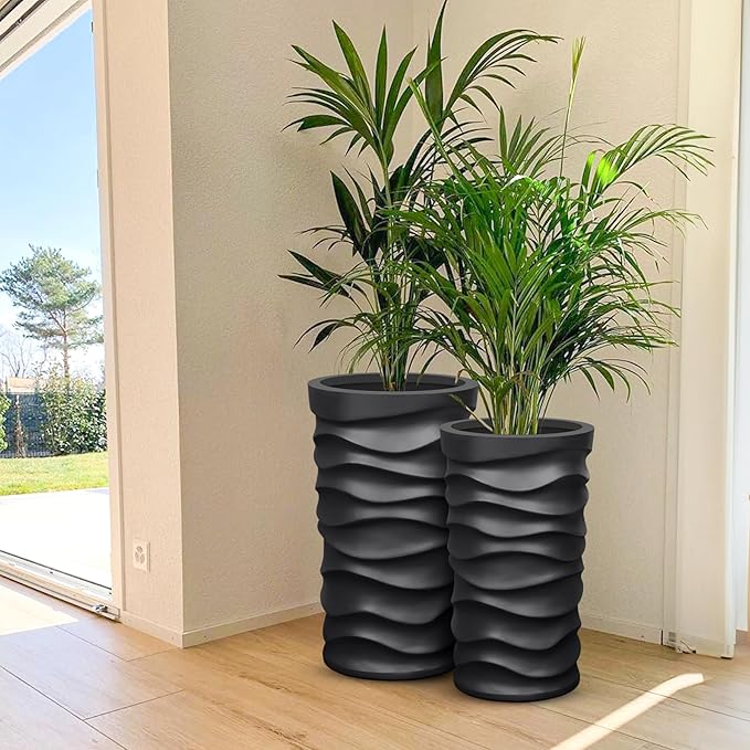 BEYOUDO Tall Planter Outdoor Indoor, 2 Pack Extra Large Plant Pots 20" 18" H Tall Large Tree Planter-Modern Matte Wavy Flower Pot for Indoor Outdoor Proch Decor (Black)