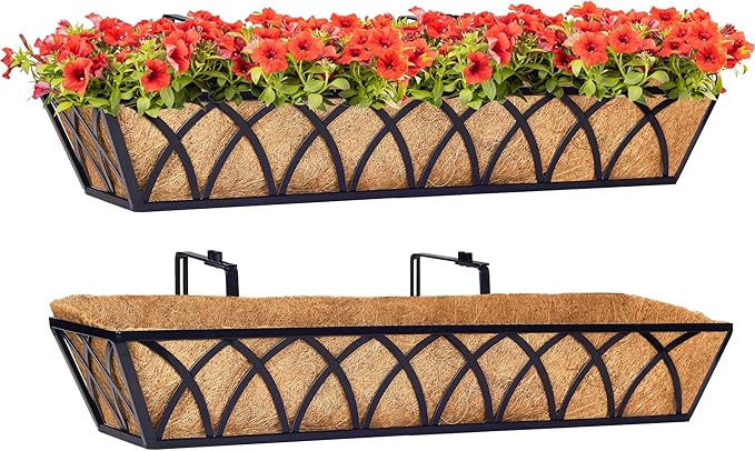 30 Inch Window Deck with Coco Liner, Fence Metal Hanging Flower Planter Window Basket Deck Railing Planter Boxes for Outdoor Garden Lawn，30" Window Boxes Horse Trough with Coconut Coir Liner, 2pcs