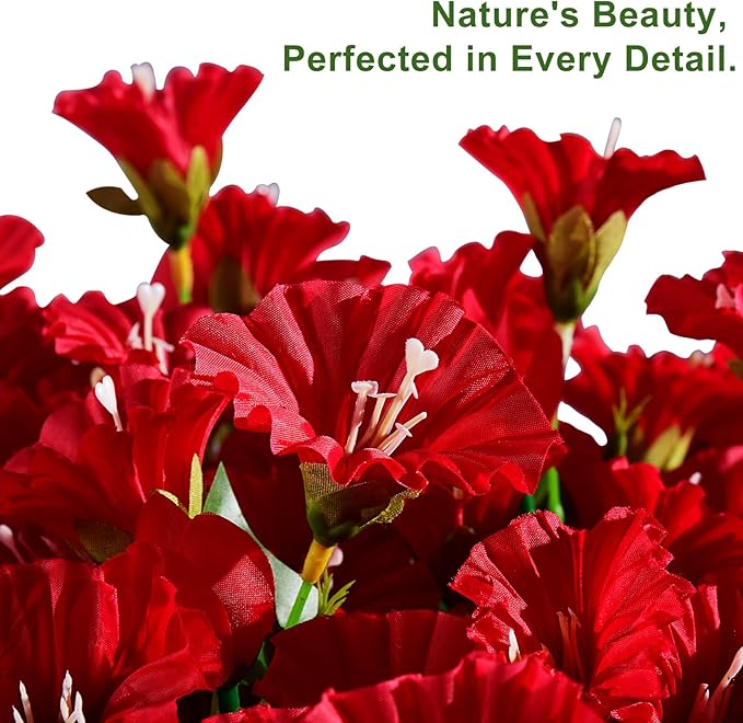 Artificial Morning Glory Flowers Plants for Outdoor 8 Pcs Faux Silk Petunias Flower Realistic Faux Flowers Plants for Outside Planter Porch Yard Patio Balcony Home Indoor Decor (8 Pcs Red)
