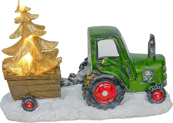 Alpine Corporation 7" Tall Holiday Green Tractor Pulling Gold Tree Statue with Warm White LED Lights, Christmas Decoration for Tabletop, Shelf, Mantel, or Entryway Display