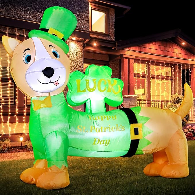 DomKom St. Patricks Day Inflatable Decorations, 4ft Cute Dog Dachshund Blow Up Lucky Day Décor Built-in LED Lights Carrying Good Luck Shamrock for Outdoor Holiday Party Lawn Yard Garden Patio