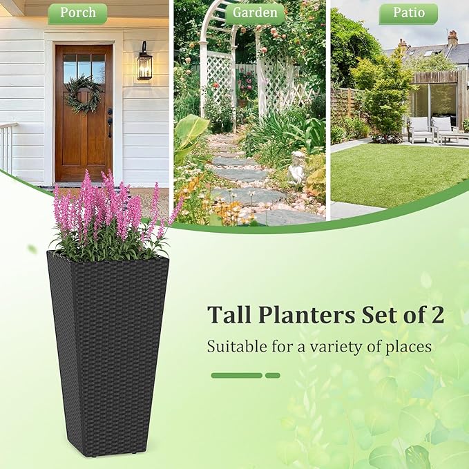 Giantex Set of 2 Outdoor Wicker Flower Pot, 30 Inch Tall Planters with Drainage System, PE Rattan Flower Pots, Indoor Outdoor Decoration for Front Porch Balcony Entryway