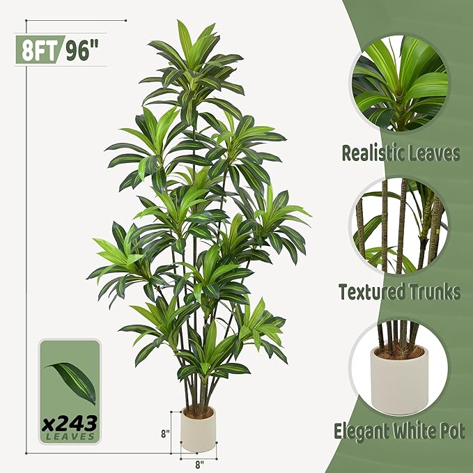 Roselywed Artificial Dracaena Tree 8FT with 243 Leaves & 12 Heads & White Pot Tall Large Fake Faux Tropical Silk Yucca Plant 96 Inch Glossy Thick Leaves for Indoor Home Office Porch Mall School Decor
