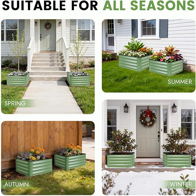 INNO STAGE Galvanized Raised Garden Bed Kits, 2x2x1ft Metal Raised Garden Beds Outdoor, Steel Raised Planter Bed with Gloves for Vegetables & Flowers Patio Ground Planter Box (Olive Green, 2PCS)