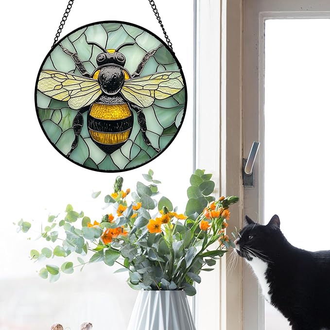 AMDERVEN Stained Glass Window Hanging 4 Pcs Set Butterfly Dragonfly Bee Ladybug Large 11.8" - Suncatcher Door Garden Sun Catcher Decor Birthday Mother's Day for Mom Woman Nana Men