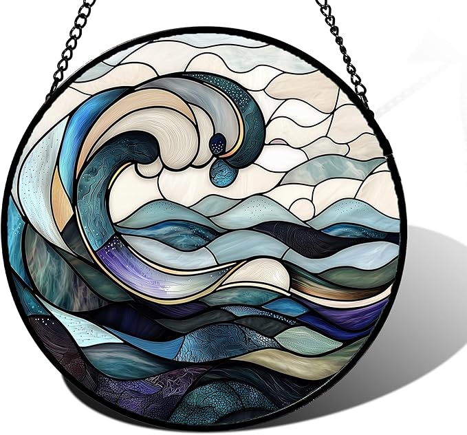 DASTOLL Stained Glass Window Hanging, Ocean Waves Sun Catchers Diamond Glass Panel Hangings Abstract Suncatcher Decor for Birthday for Women, Men, Wife, Aunt, and Mom 6.3 in