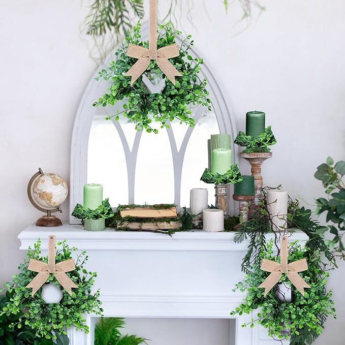 12 Pcs Mini Green Boxwood Candle Rings Wreaths Spring Summer Kitchen Cabinet Swags Wreath 3 Inch Wedding Rings Wreaths Pillar Candle Holder for Wedding Home Door Tabletop Decor (12, Green Boxwood)