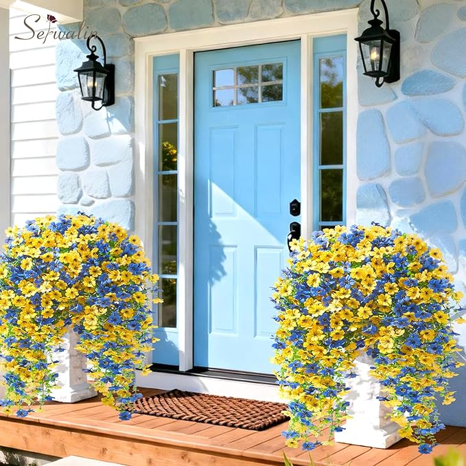 Serwalin 12PCS Artificial Fall Flowers for Outdoors Decoration, Realistic Silk Artificial Fall Hanging Flowers for Patio, Garden, Porch, Window, Outside (Yellow& Blue,12PCS)