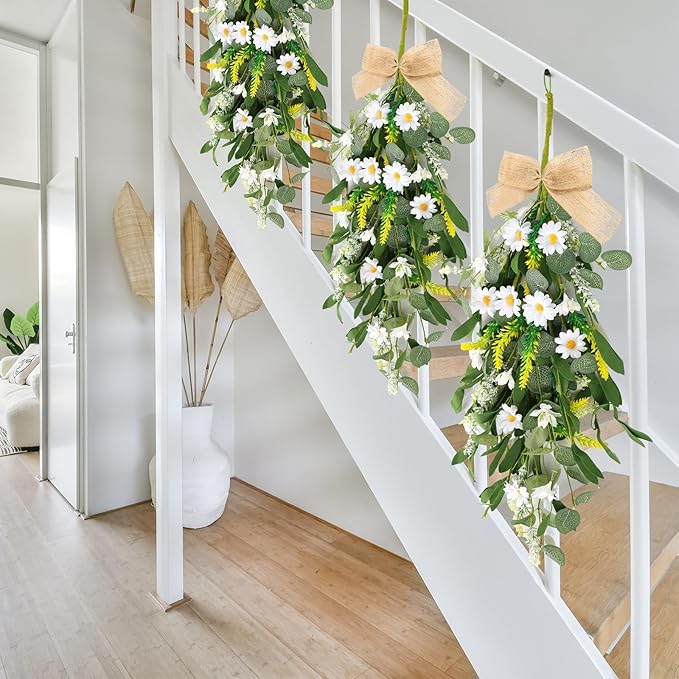 4 Pcs 24" Artificial White Daisy Teardrop Wreath Swag Spring Summer White Floral Hanging Swags Wreath for Kitchen Cabinet Doors Window Wall Wedding Party Home Decor