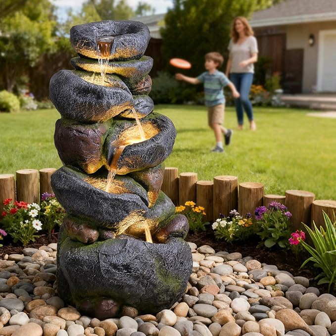 36.2''Tall Rock Outdoor Water Fountain, 5 Tiers Cascading Natural Outdoor Fountains and Waterfalls with LED Lights, Water Feature for Garden, Patio, Deck, Backyard Decor