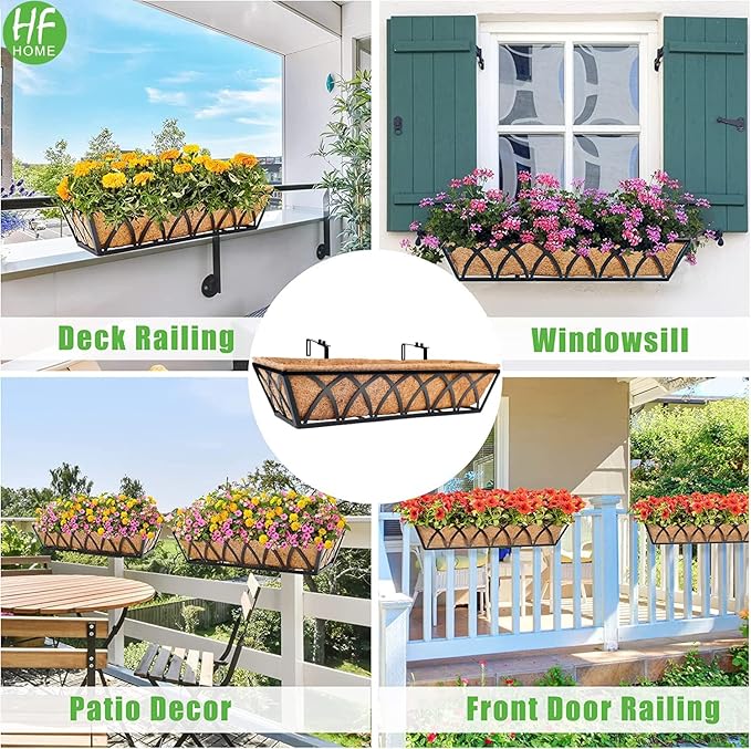 HFHOME 24 inch Window Deck Rail Planter with Coco Liner, 24" Dia Window Box Trough with Coconut Coir Liners, Black Metal Hanging Flower Planter Basket for Indoor Outdoor Lawn - Set of 4