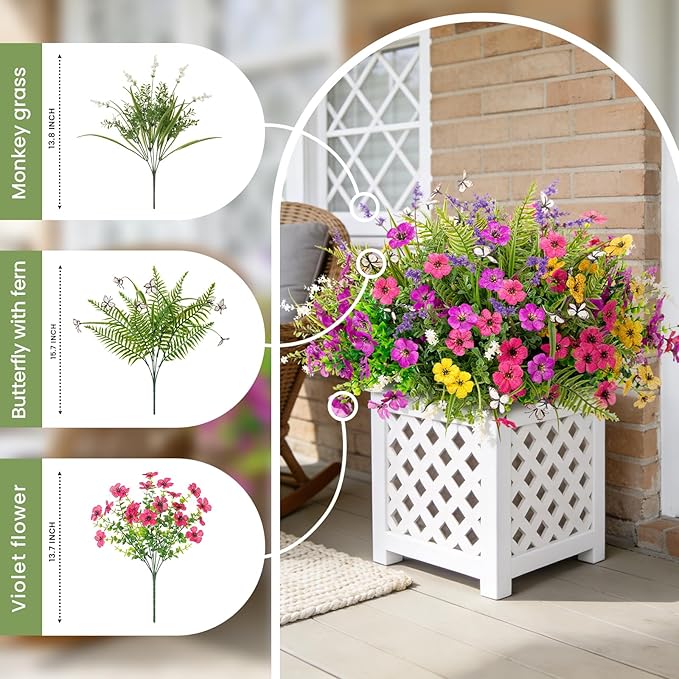 Artificial Fake Flowers for Outdoor Porch Planters Boxes Decoration,12 Bundles Outdoor Faux Fern Plants with Butterfly,UV Resistant Greenery Yard Patio Garden Decor