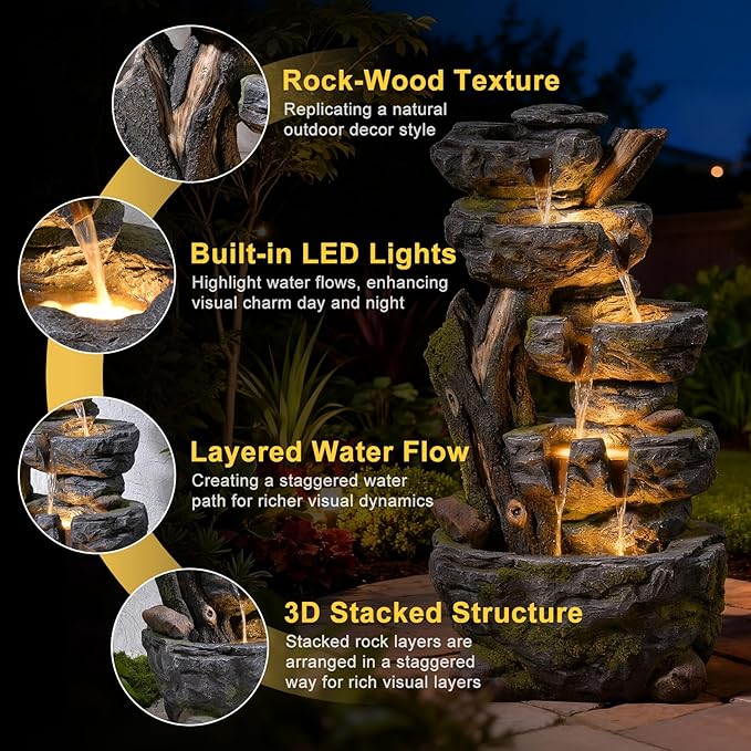 47.2" H Large Water Fountain Outdoor - 5 Tiers Cascade Floor Standing Rock Wood Like Waterfall Fountain with LED Lights for Garden Patio Backyard Porch Home Decor