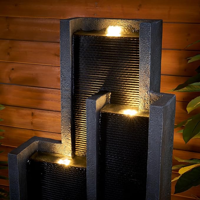 SunJet 5-Tier Modern Water Fountain, Indoor/Outdoor Resin Water Fountains with Soothing Water Sounds & Warm LED Light, Perfect for Garden, Patio, Home & Office, 16.9" L x 9.8" W x 50.7" H