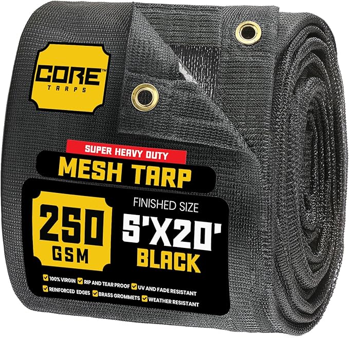 Core Tarps 60% Black Shade Cloth with Grommets - 5 X 20 FT Heavy Duty Mesh Tarp - Sun Shade Cloth for Garden Vegetables Plants Greenhouse Outdoors Backyard Fences Dump Trucks Patio Mesh Shade Tarp