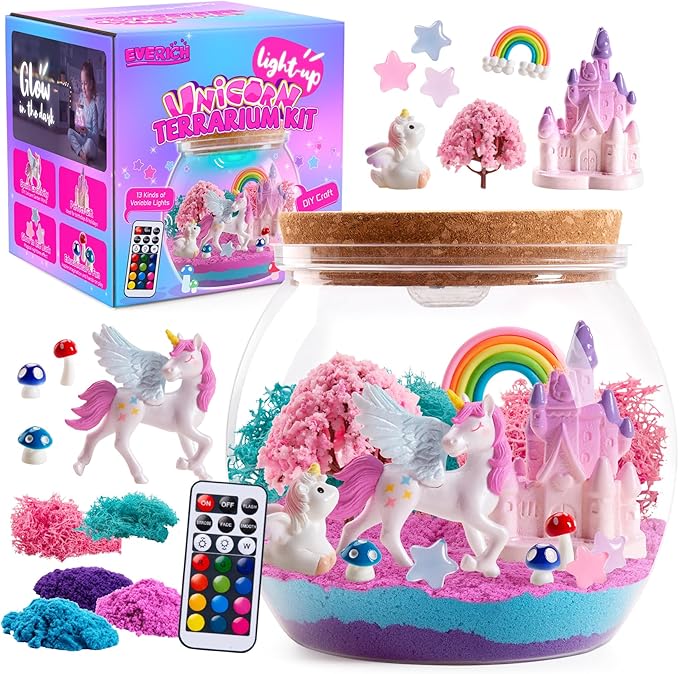 EVERICH TOY Unicorn Terrarium Kit for Girls, Light-Up DIY Craft Kit with LED Night Light, Arts & Crafts Gift for Girls Ages 4–12, Creative Unicorn Toys for Birthday Christmas Stocking Stuffers