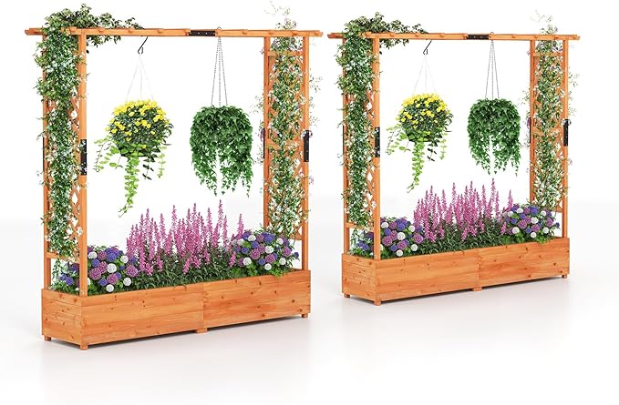HAPPYGRILL Raised Garden Bed with Trellis, Freestanding Wood Planter Box w/Hanging Roof & Drainage Holes for Vine, Climbing Plants, Flowers, Outdoor Planter with Trellis for Garden, Patio, Yard (2)