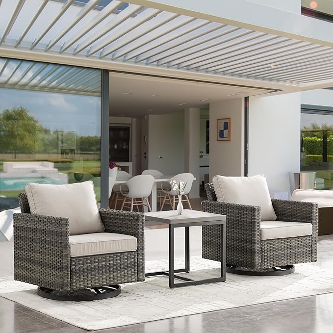 Outdoor Patio Swivel Rocker Chairs - 3 Piece Wicker Patio Furniture Bistro Swivel Rocking Chairs Set with Comfortable Cushions,Sturdy Metal Frame and Side Table for Porch Deck(Mixed Grey/Beige)
