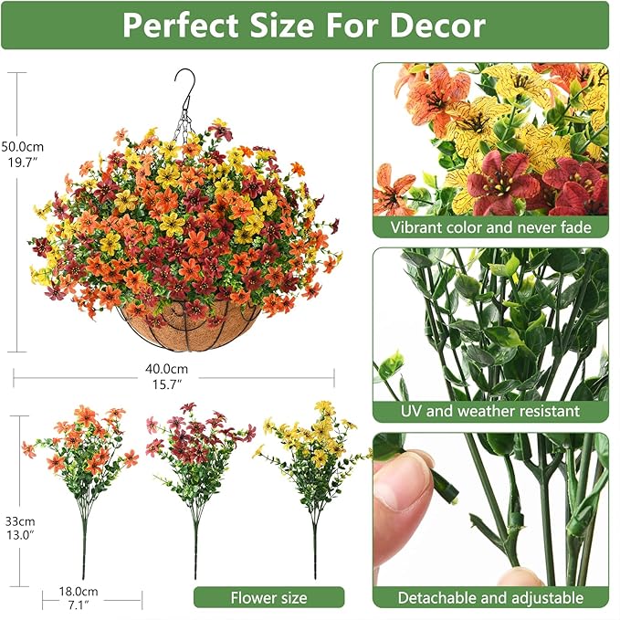 INQCMY Artificial Flowers Hanging Baskets for Outdoors Spring Decor, 12 Bundles Fake Plants Faux Silk Daisy with Eucalyptus Stem UV Resistant for Outside Patio Balcony Garden(Orange Brown Yellow)