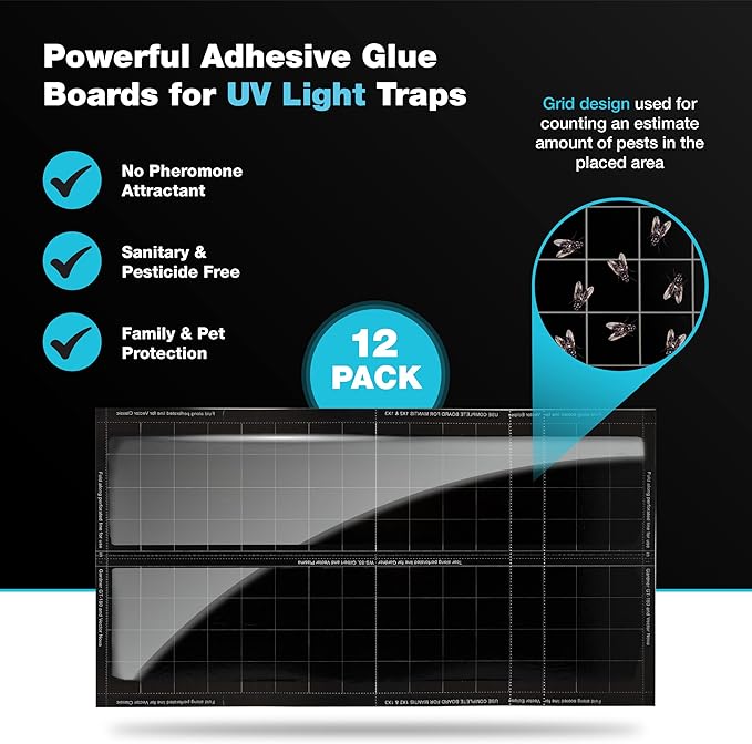 Catchmaster Vector Universal Replacement Glue Boards Black, UV Light Fly Trap for Home, Unscented Gnat Traps for House, UV Lamp Insect & Mosquito Killer Refill, Adhesive Bug Light Boards, 12-Pack