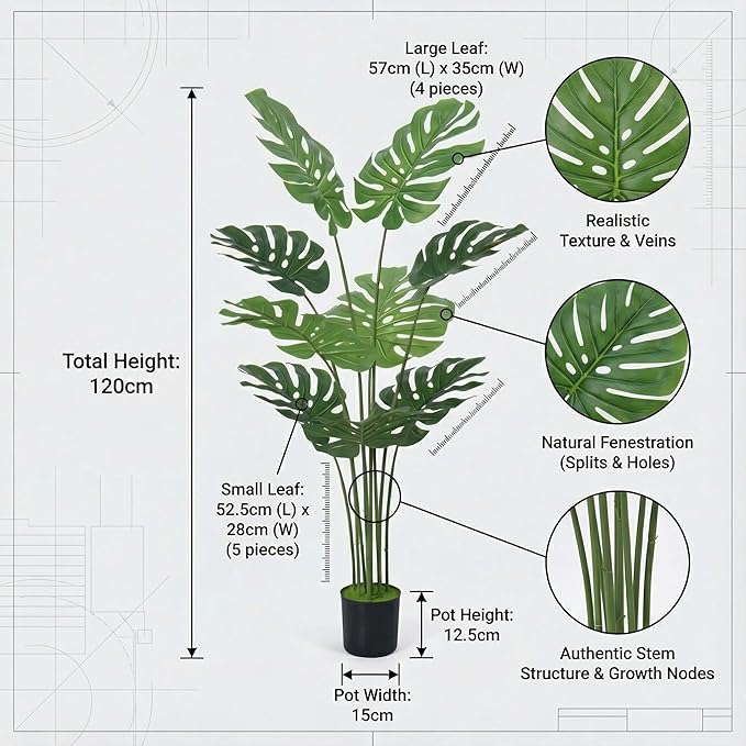 WC WAH CHUN Artificial Bird of Paradise Plant Fake Tropical Palm Tree for Indoor Outdoor, Perfect Faux Plants for Home Garden Office Store Decoration (Monstera 120)