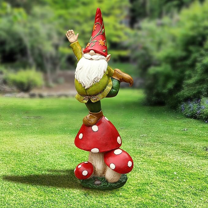 DUSVALLY Gnomes Statue and Garden Resin Statue Dwarf Standing on Mushroom, Outdoor Decoration for Patio Yard Lawn Porch, Spring Decor Housewarming 13" H