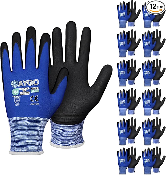 Safety Work Gloves MicroFoam Nitrile Coated-12 Pairs,KAYGO KG18NB,Seamless Knit Nylon Glove with Black Micro-Foam Nitrile Grip,Ideal for General Purpose,Automotive,Home Improvement,Blue