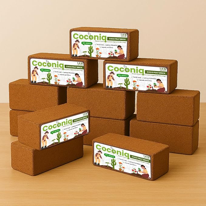 COCONIQ Premium Coco Coir Bricks 12 Pack - Lightweight Cocopeat for Garden Soil, Compressed Coconut Fiber Brick for Potting, Gardening, Planting, Seed Starting, Indoor & Outdoor Plants, Set of 12
