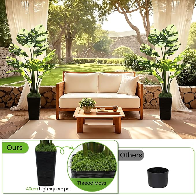 5FT Artificial Monstera Plant with Tall Black Planter and Thread Moss, Realistic Faux Floor Tree with Large White Leaves for Indoor Outdoor Office Porch Living Room Corner Home Decor